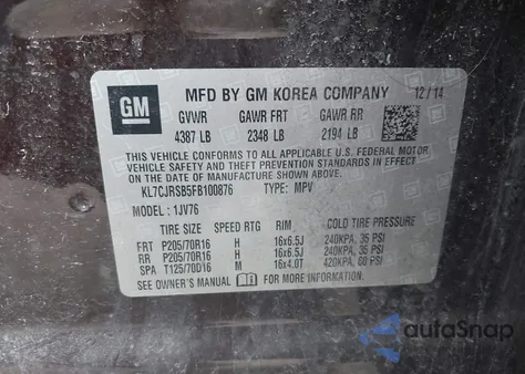 2015 Chevrolet Trax Lt from USA, damaged, VIN KL7CJRSB5FB100876